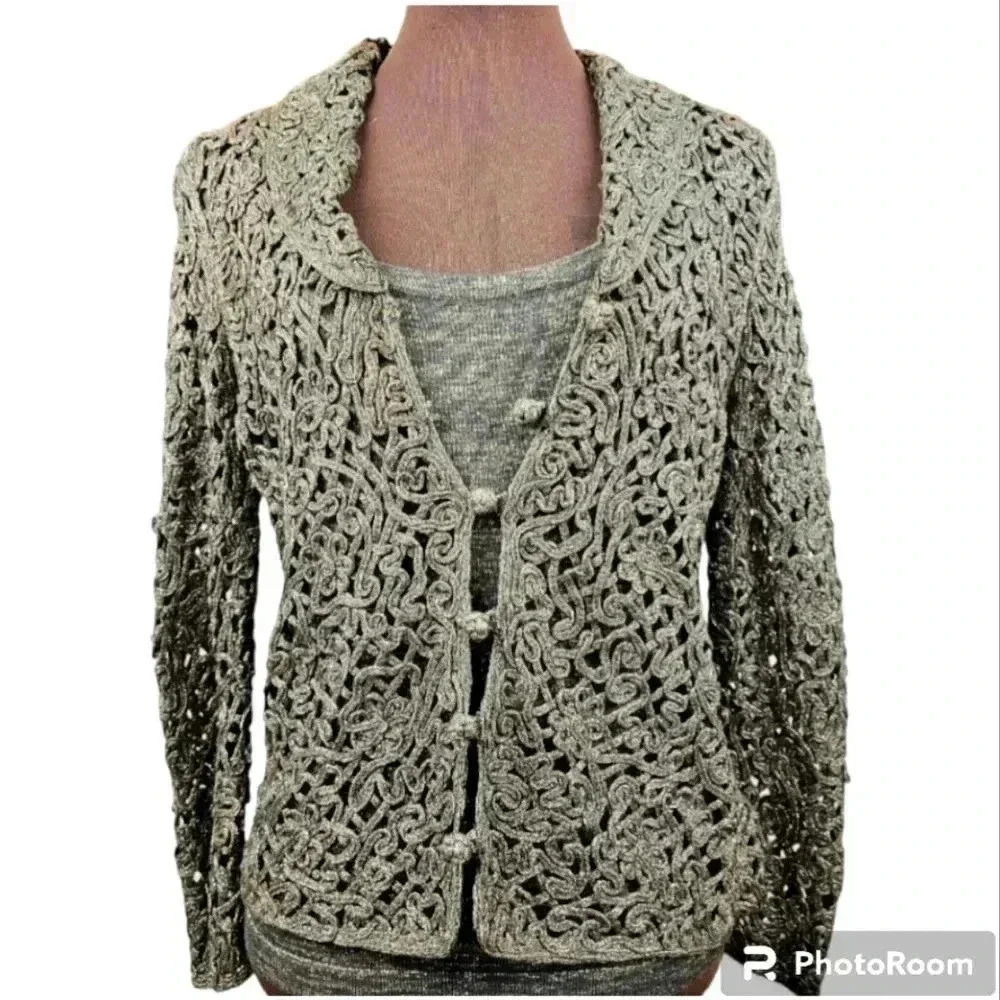 NWT Ellen Tracy Soutache Knit Cardigan and Tank Set Bronze and Gold  Petite Med